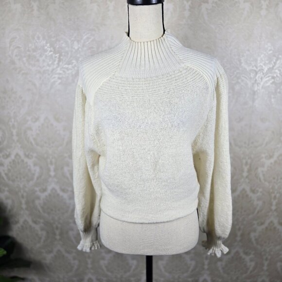 Free People Sz Small Cream Mock Neck Sweater Lantern Sleeves Ruffle Wool/Alpaca - Picture 1 of 12
